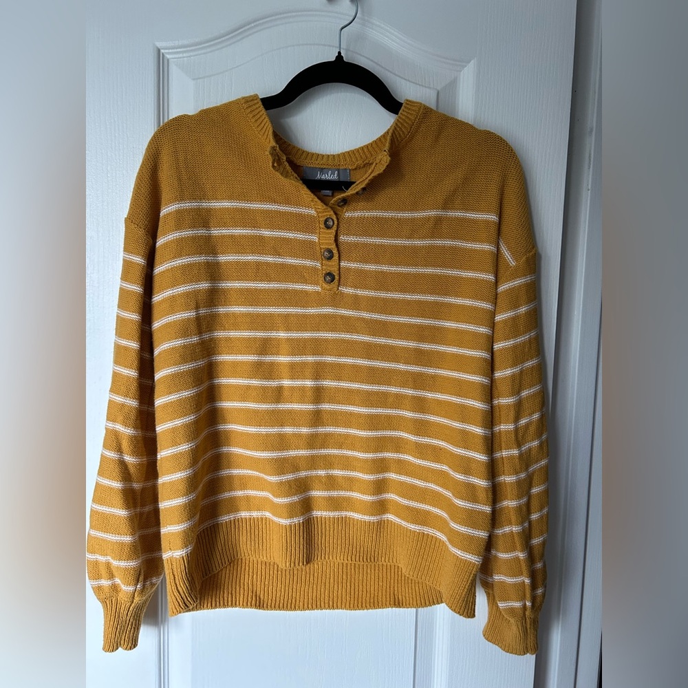 Marled Mustard Yellow and White Stripes Button up Sweater, size m
